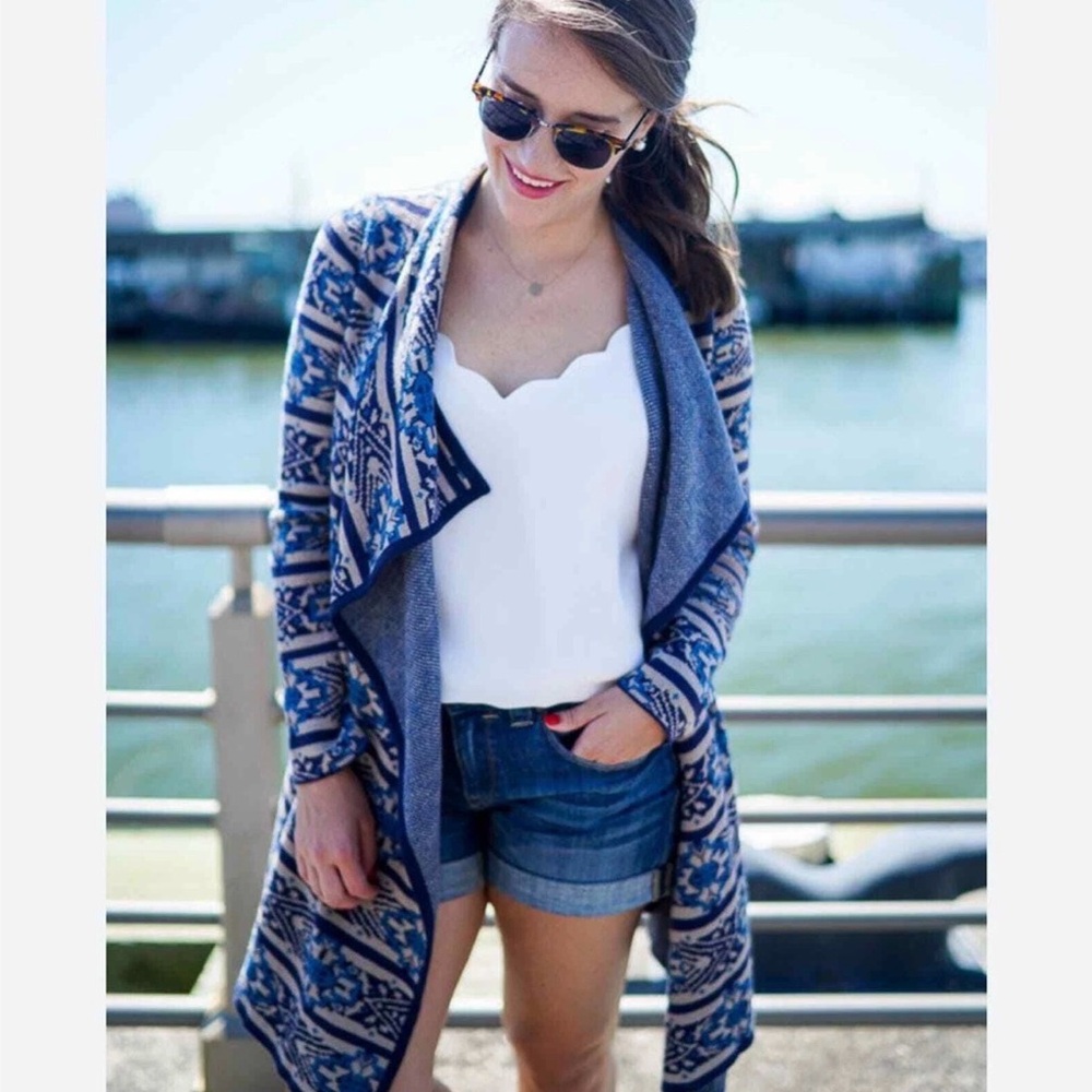 Lucky Brand Longline Cardigan Blue Open Front Size L Southwestern Aztec Boho
